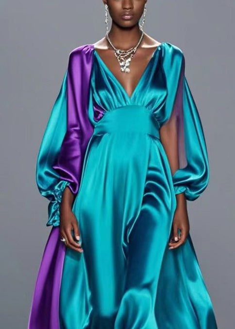 Purple Patchwork Silk Robe Dresses Asymmetrical Exra Large Hem Spring