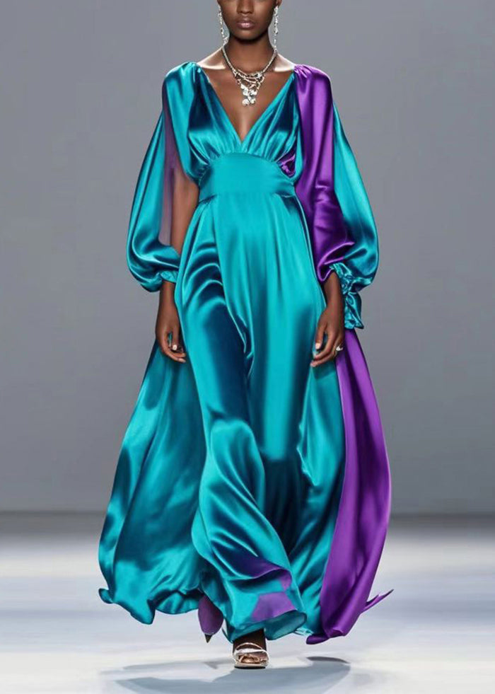 Purple Patchwork Silk Robe Dresses Asymmetrical Exra Large Hem Spring
