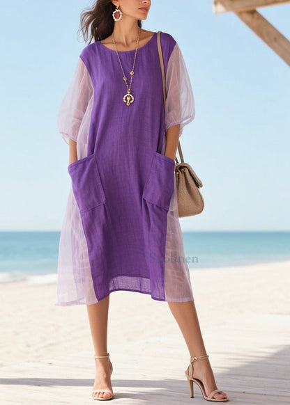 Purple Patchwork Tulle Vacation Dress Oversized Pockets Summer
