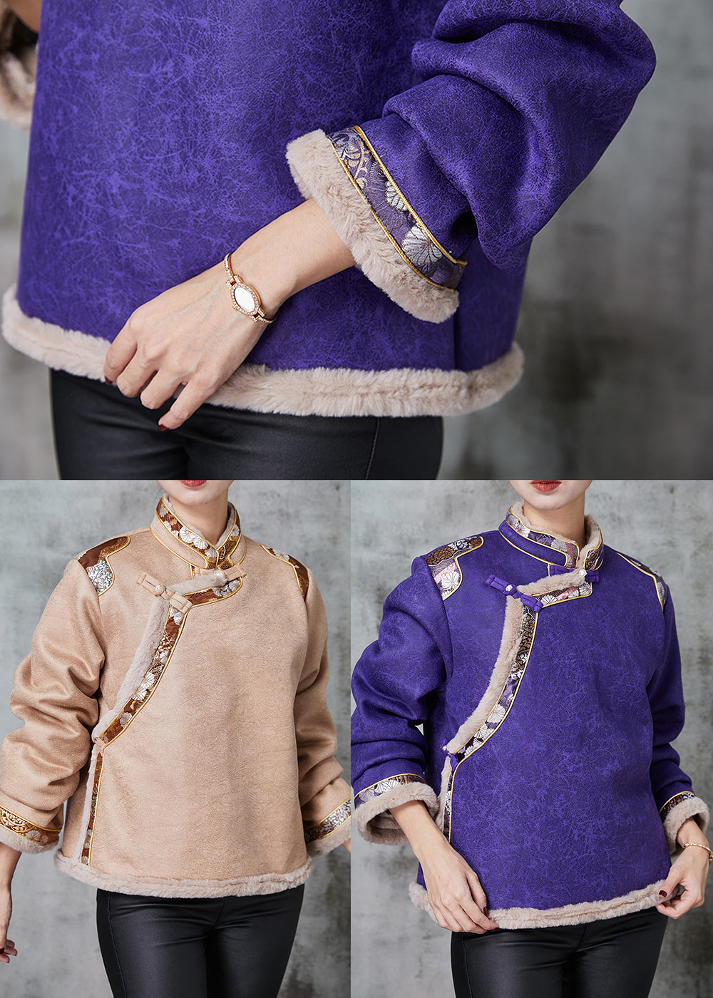 Purple Patchwork Warm Fleece Oriental Coat Mandarin Collar Spring