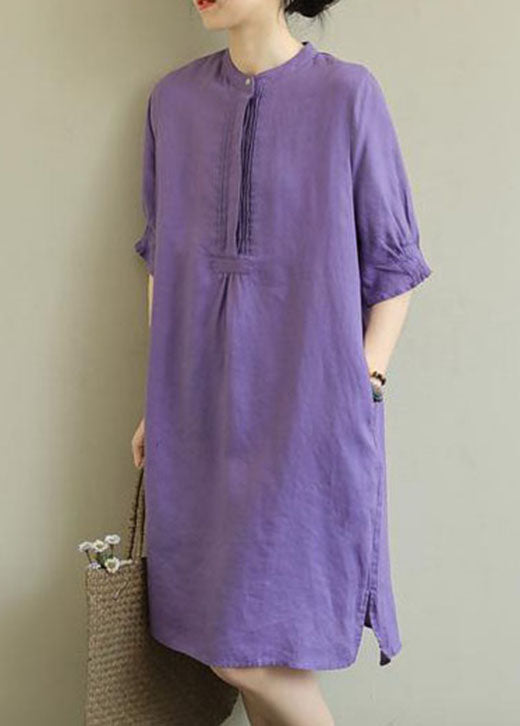 Purple Patchwork Low High Design Cotton Dress Half Sleeve