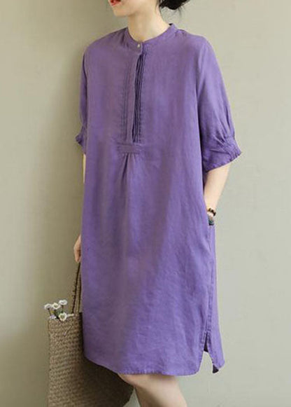 Purple Patchwork Low High Design Cotton Dress Half Sleeve