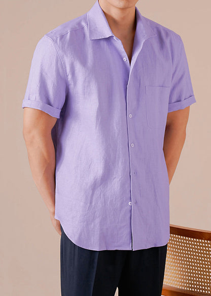 Purple Pockets Cotton T Shirts Peter Pan Collar Short Sleeve