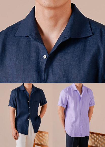 Purple Pockets Cotton T Shirts Peter Pan Collar Short Sleeve