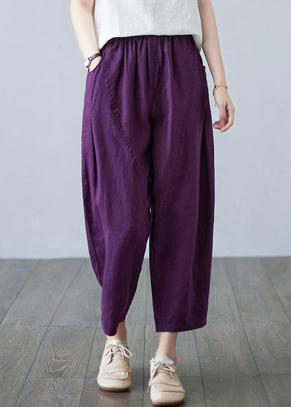Purple Pockets Elastic Waist Harem Pants