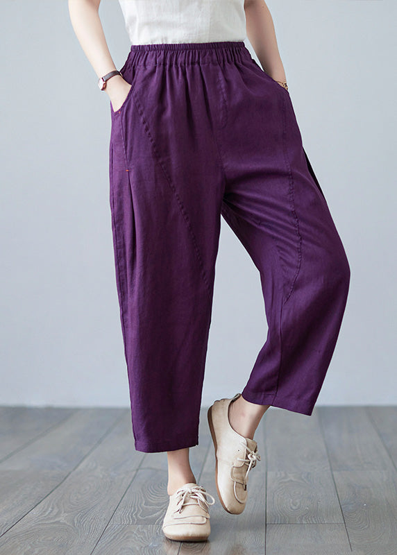 Purple Pockets Elastic Waist Harem Pants