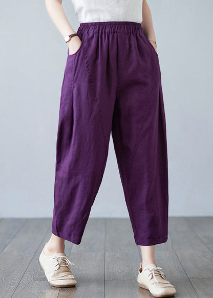 Purple Pockets Elastic Waist Harem Pants