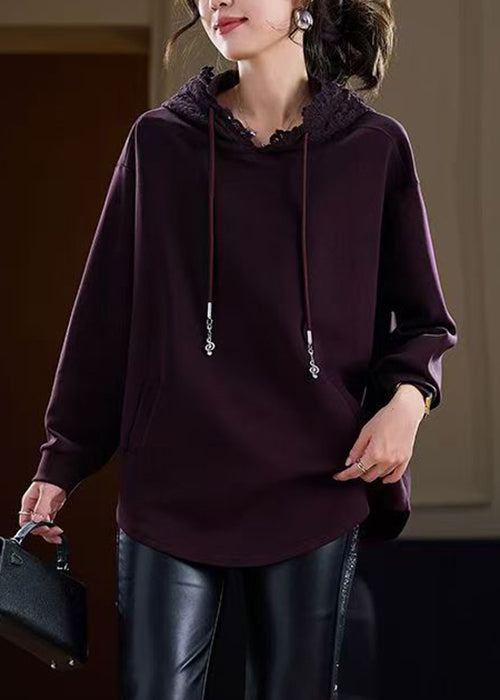 Purple Pockets Cotton Fall Sweatshirts Hooded