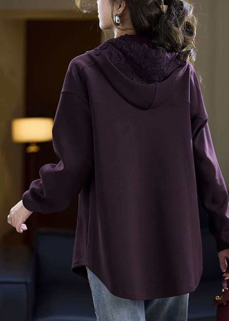Purple Pockets Cotton Fall Sweatshirts Hooded