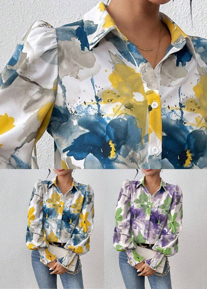 Purple Print Cotton Spring Blouse Peter Pan Collar