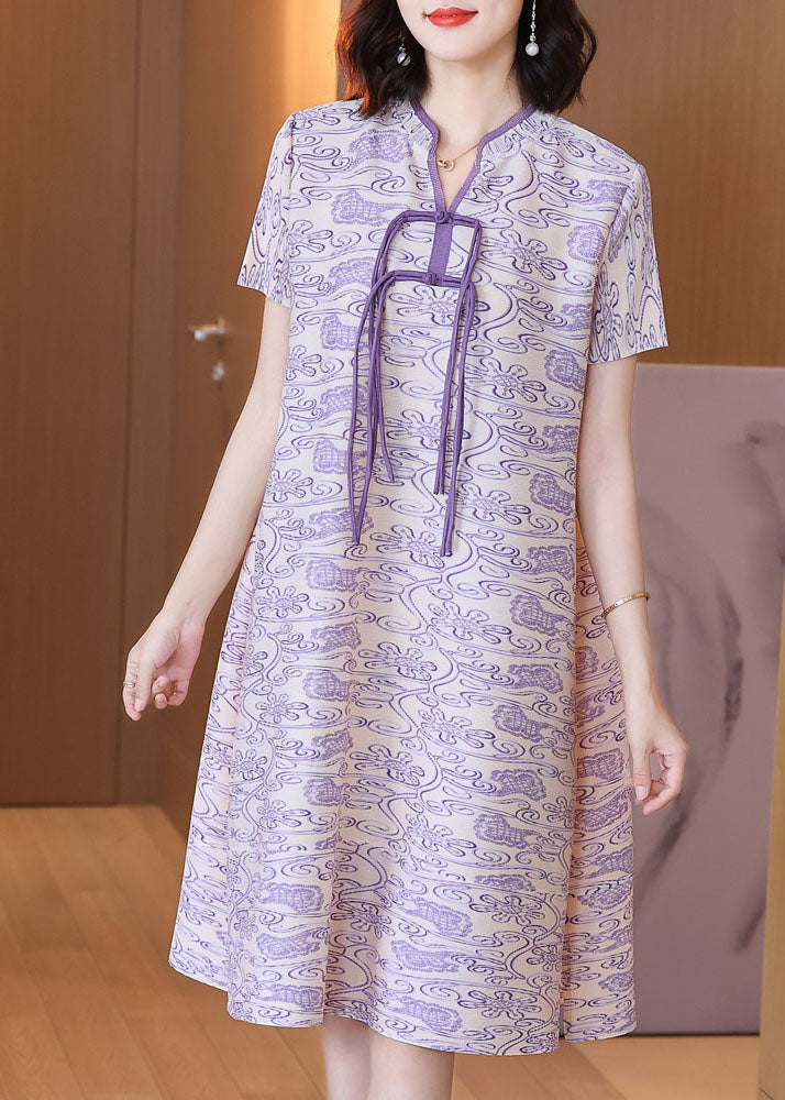 Purple Print Silk Mid Dress Stand Collar Draping Short Sleeve
