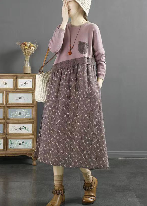 Purple Print Patchwork Cotton Dresses O Neck Lace Fall