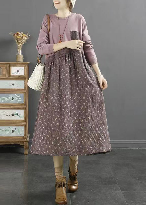 Purple Print Patchwork Cotton Dresses O Neck Lace Fall