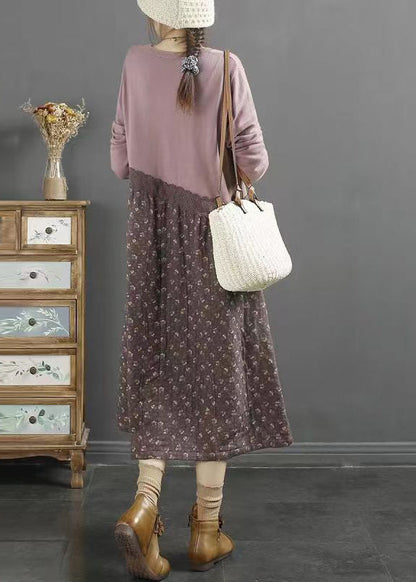 Purple Print Patchwork Cotton Dresses O Neck Lace Fall