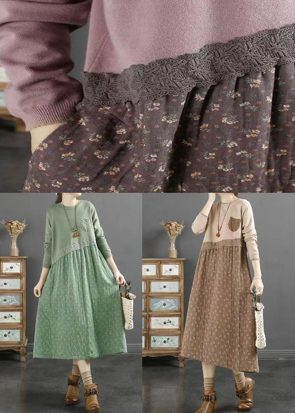 Purple Print Patchwork Cotton Dresses O Neck Lace Fall