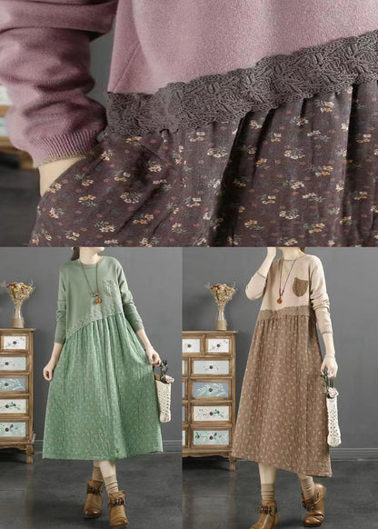 Purple Print Patchwork Cotton Dresses O Neck Lace Fall
