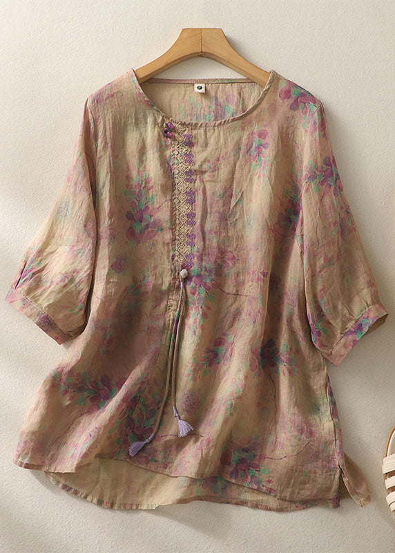 Purple Print Patchwork Cotton T Shirt Tops Tasseled O-neck Summer