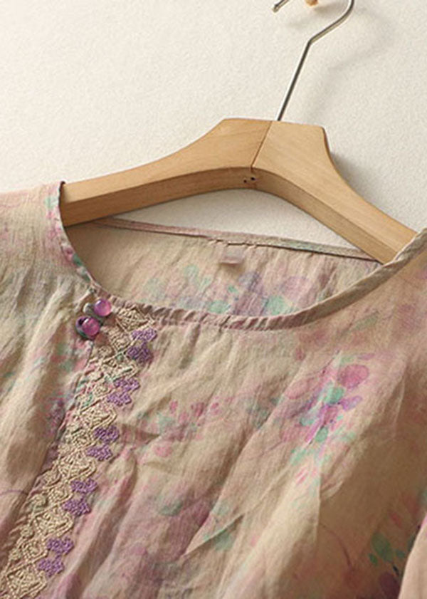 Purple Print Patchwork Cotton T Shirt Tops Tasseled O-neck Summer