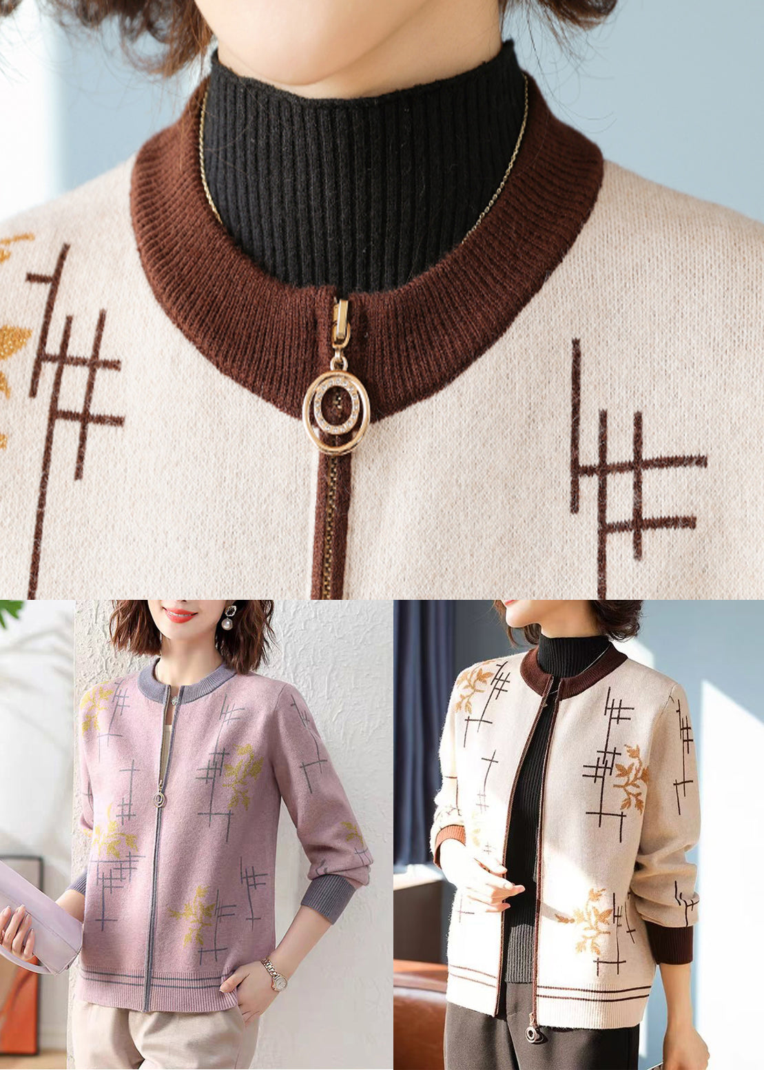 Purple Print Patchwork Knit Fall Coat O Neck
