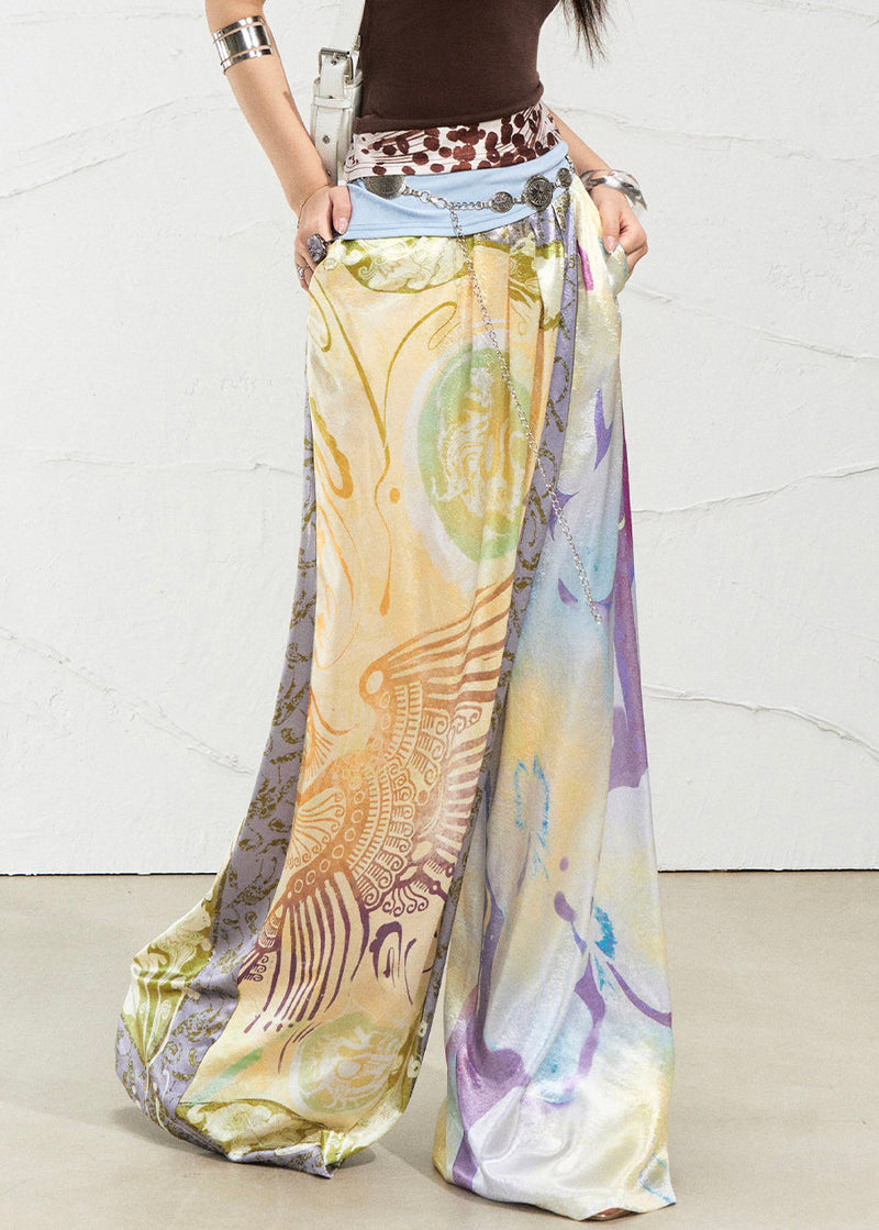 Purple Print Pockets Silk Summer Pants High Waist