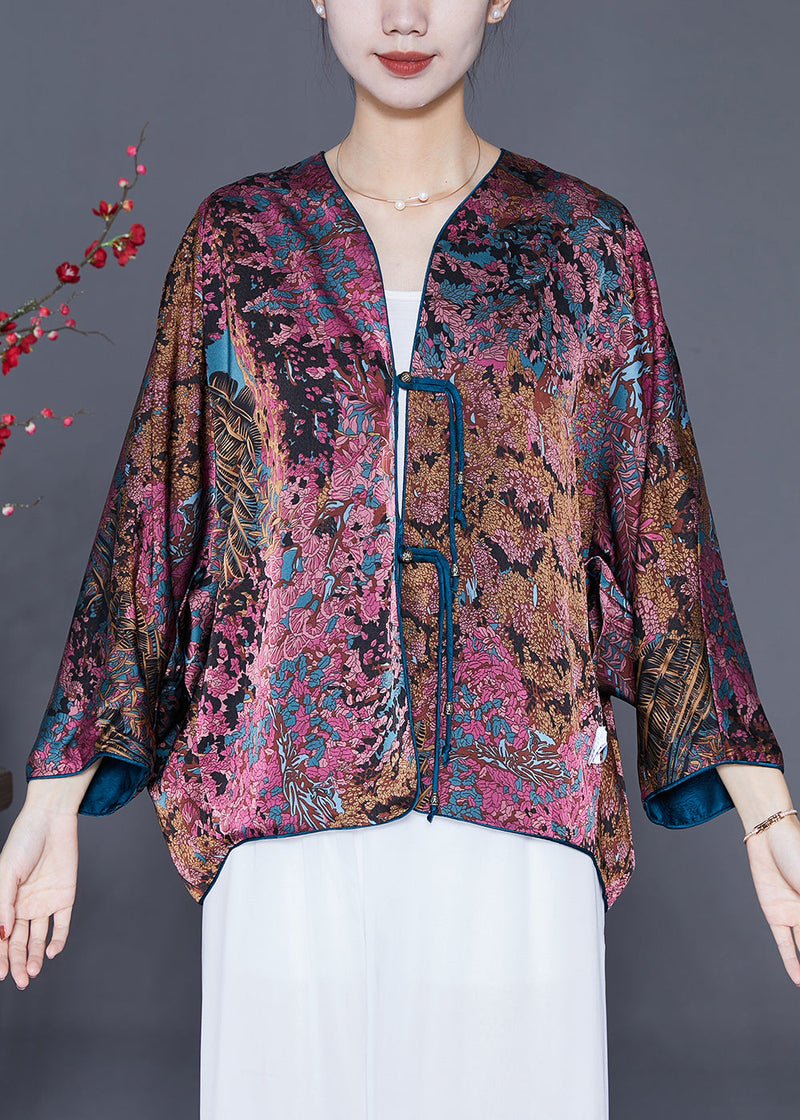 Purple Print Silk Cardigan Oversized Tassel Wear on Both Sides Spring