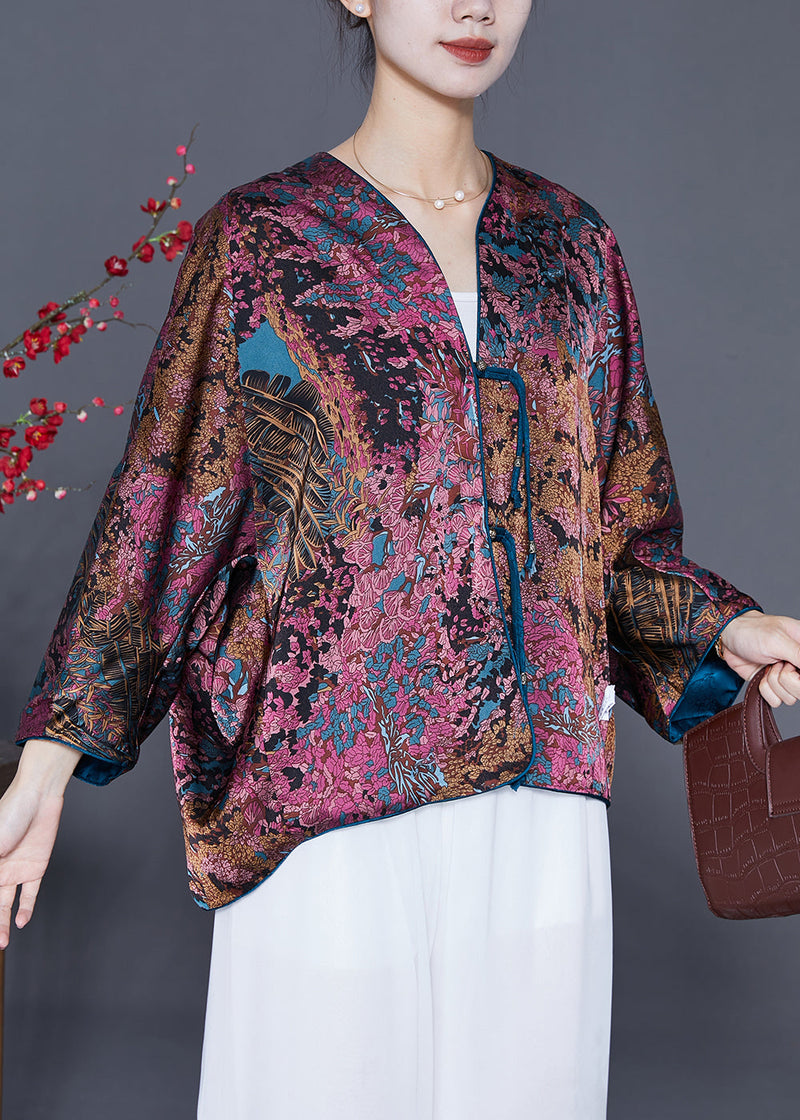Purple Print Silk Cardigan Oversized Tassel Wear on Both Sides Spring