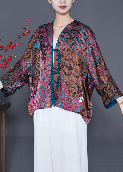 Purple Print Silk Cardigan Oversized Tassel Wear on Both Sides Spring