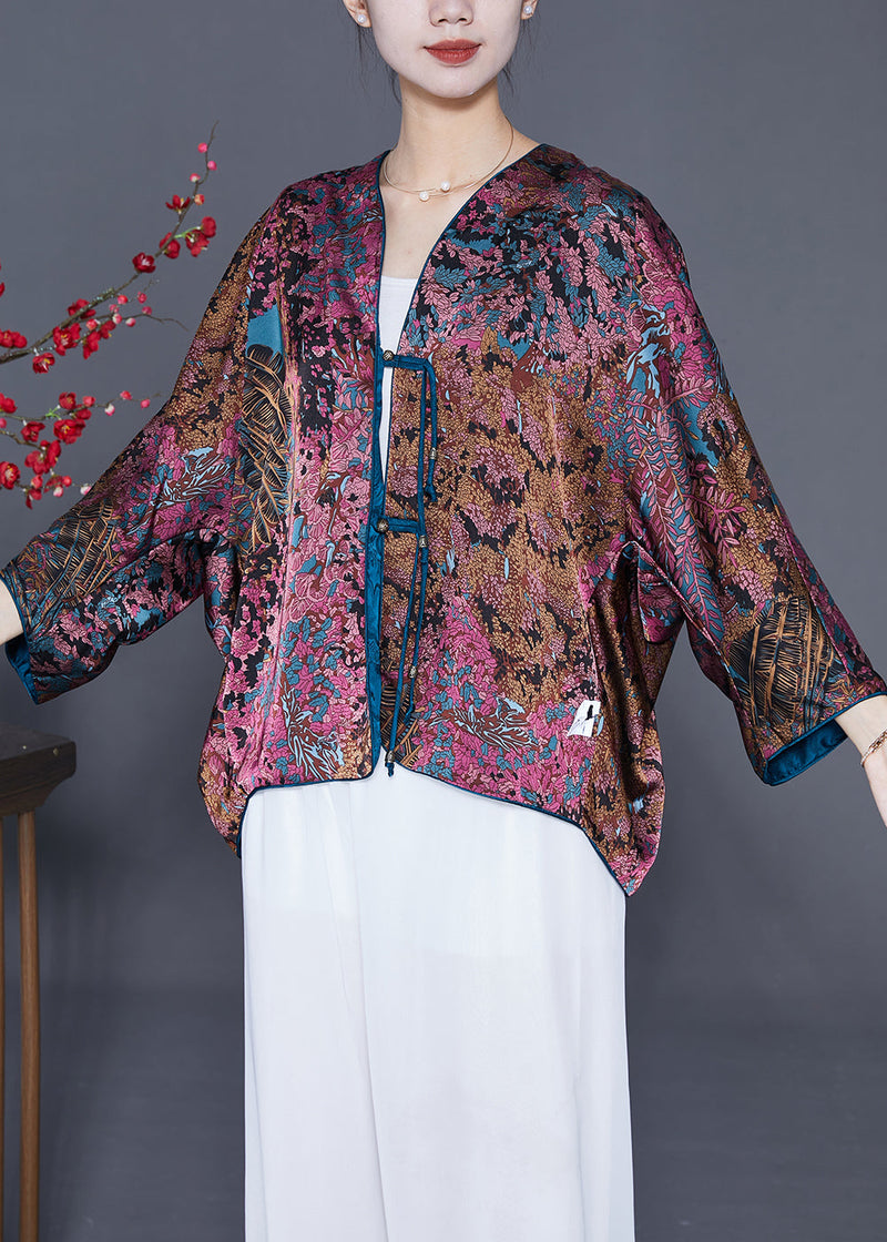 Purple Print Silk Cardigan Oversized Tassel Wear on Both Sides Spring