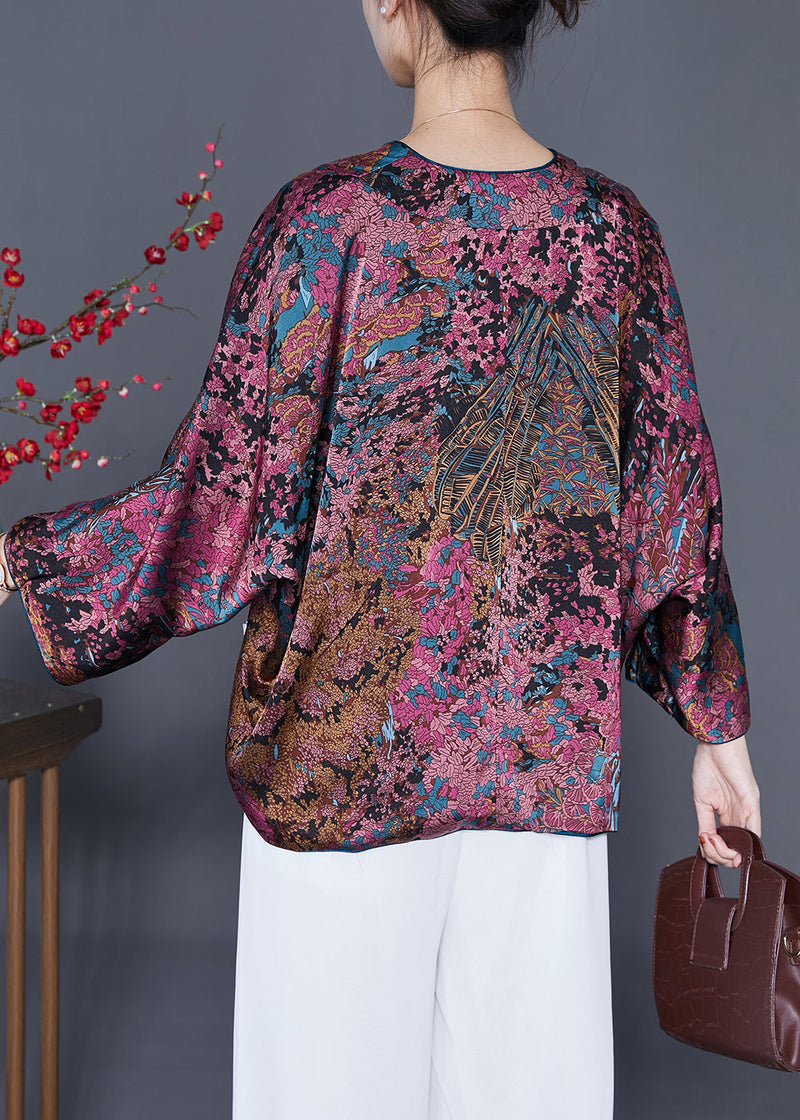 Purple Print Silk Cardigan Oversized Tassel Wear on Both Sides Spring
