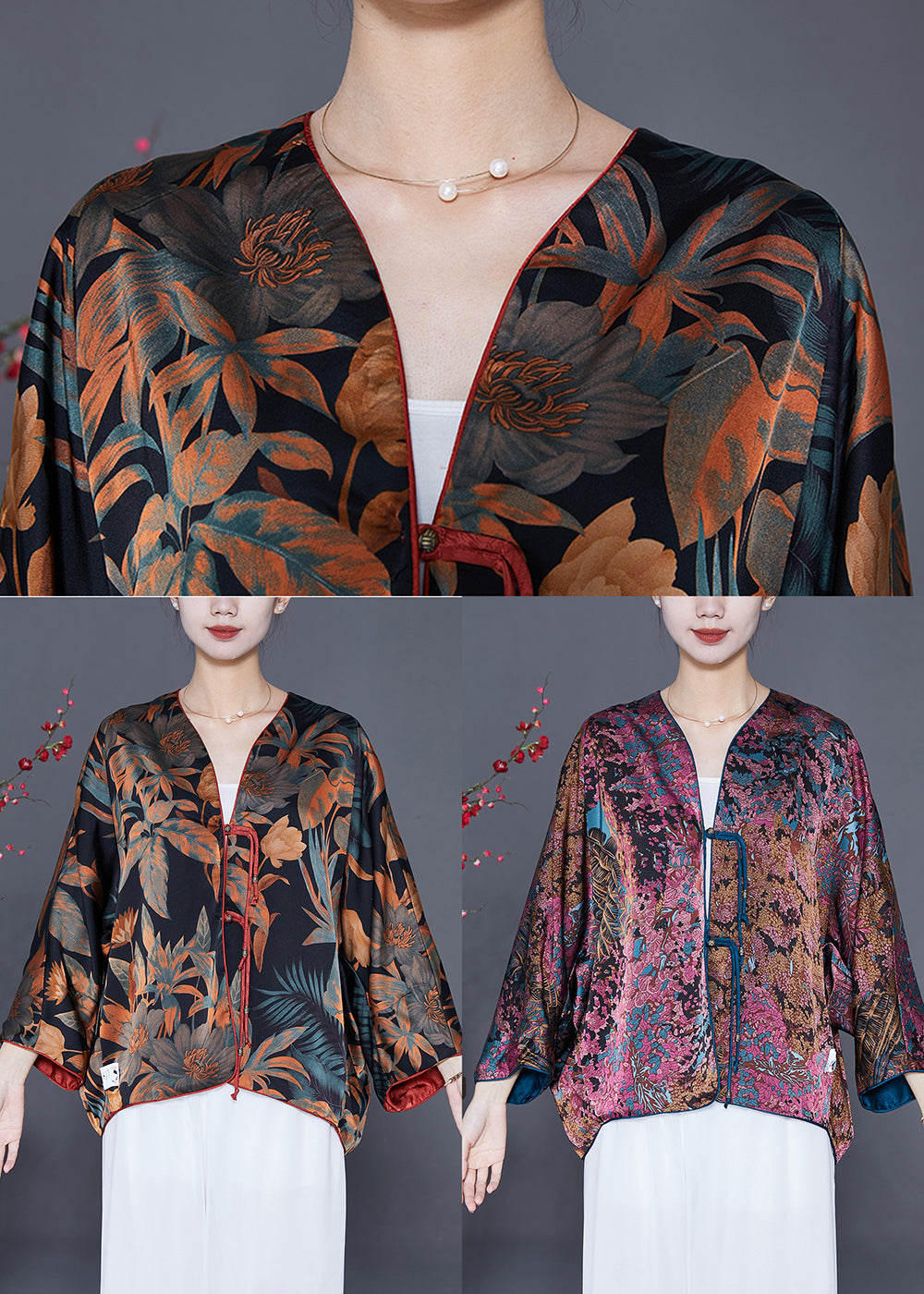 Purple Print Silk Cardigan Oversized Tassel Wear on Both Sides Spring