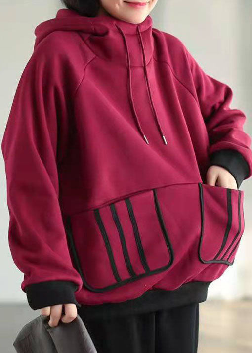 Purple Red Warm Fleece Sweatshirts Drawstring Pockets Winter