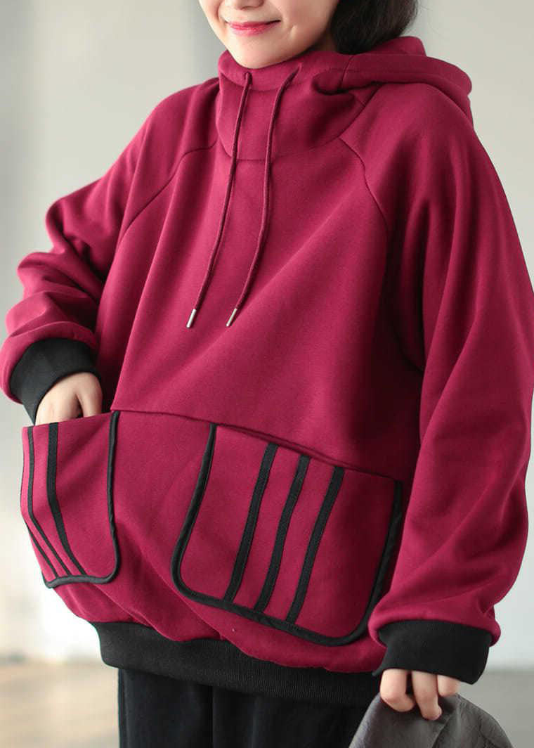 Purple Red Warm Fleece Sweatshirts Drawstring Pockets Winter