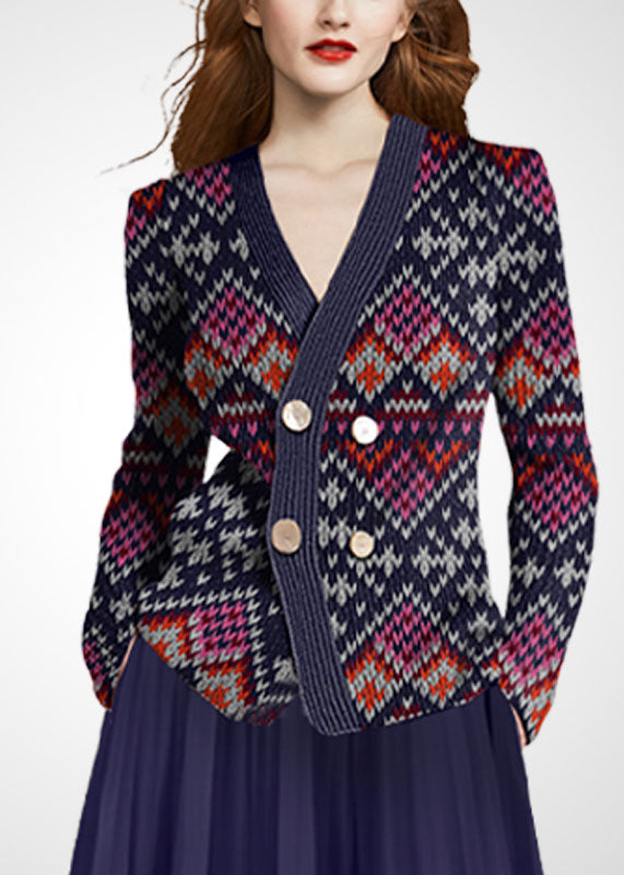 Purple Red Wool Knit Two Piece Set Clothing V Neck Double Breast Winter