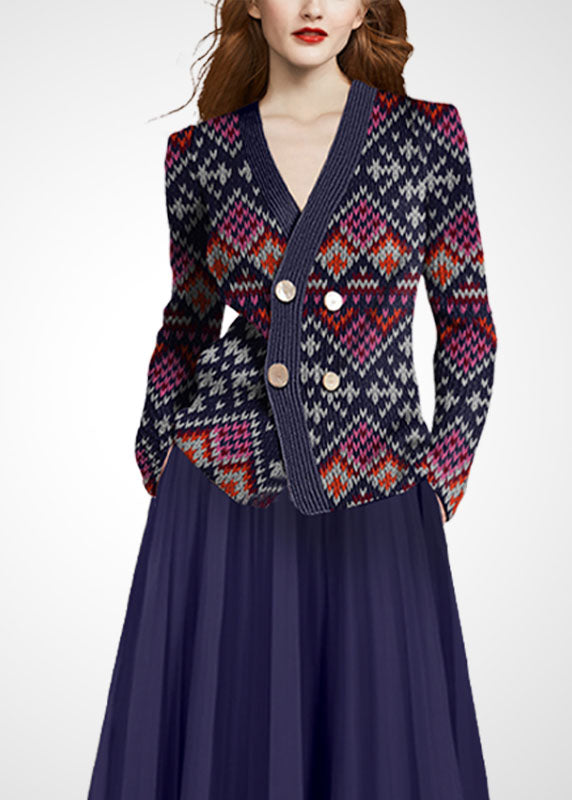Purple Red Wool Knit Two Piece Set Clothing V Neck Double Breast Winter