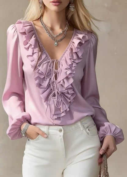 Purple Ruffled Lace Up Chiffon Blouses V Neck Lantern Sleeve