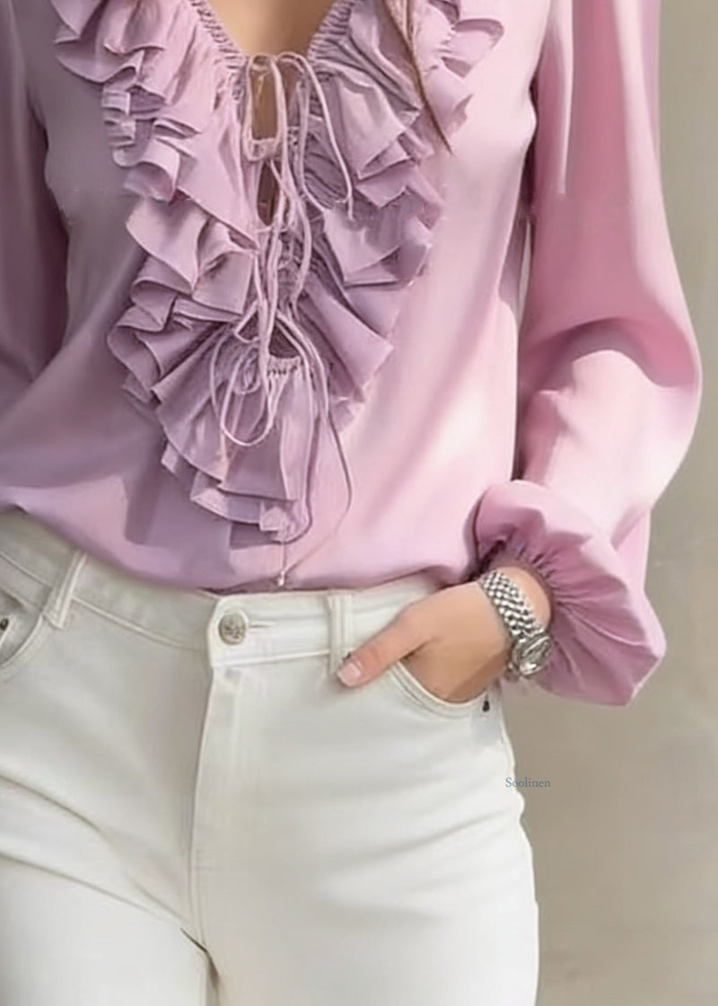 Purple Ruffled Lace Up Chiffon Blouses V Neck Lantern Sleeve
