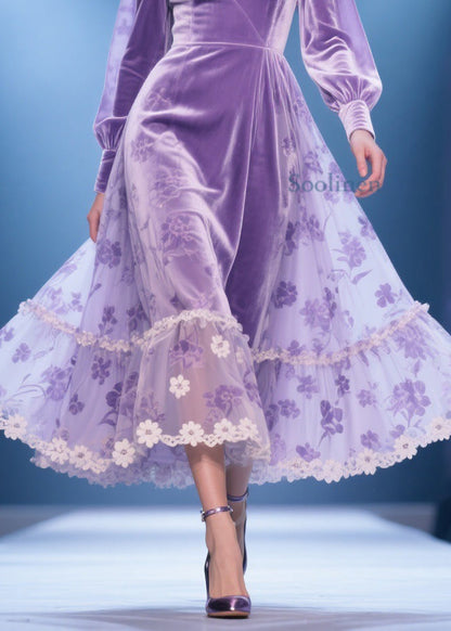 Purple Silk Velvet Lace Print High Waist Party Dress V Neck Spring