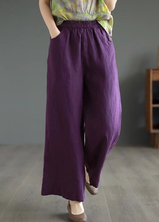 Purple Cotton Straight Pants High Waist Summer