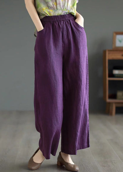 Purple Cotton Straight Pants High Waist Summer