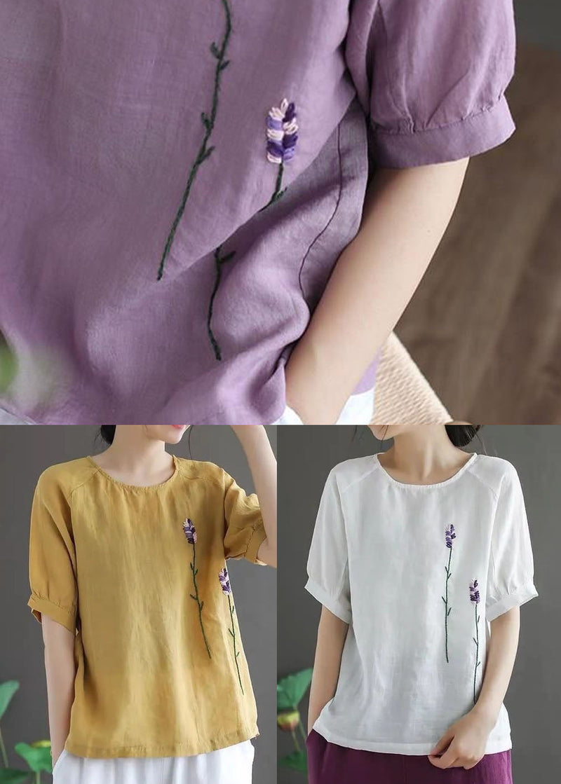 Purple Embroideried Linen Tops O-neck Short Sleeve