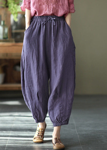 Purple Linen Beam Pants Elastic Waist Wrinkled Summer