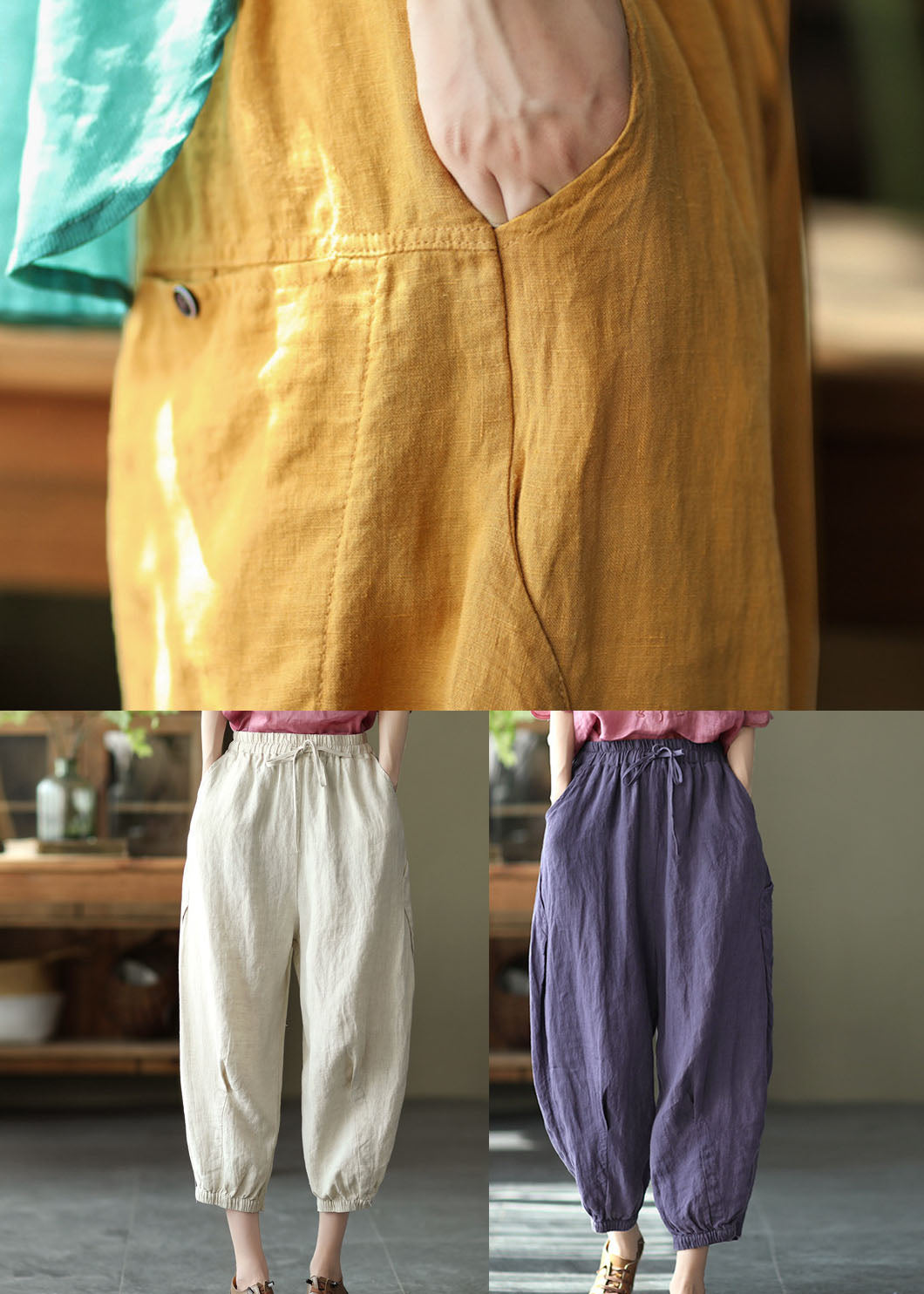 Purple Linen Beam Pants Elastic Waist Wrinkled Summer