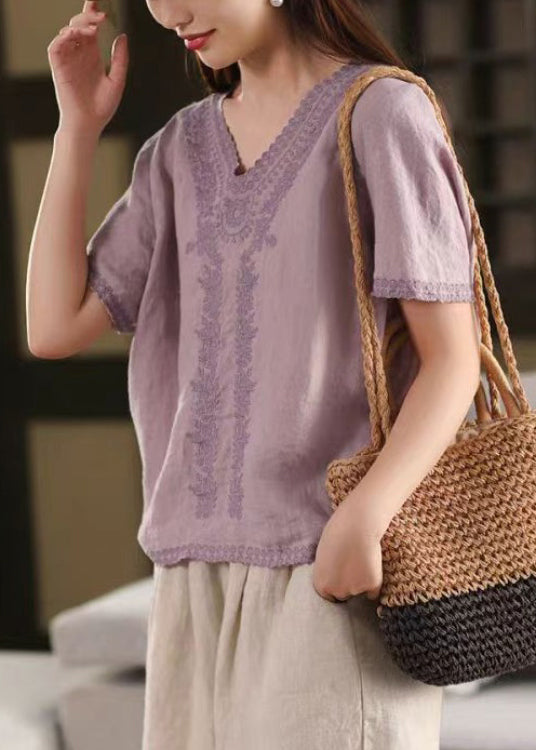 Purple Loose Linen Summer T Shirts Embroidered