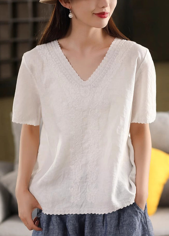 Purple Loose Linen Summer T Shirts Embroidered