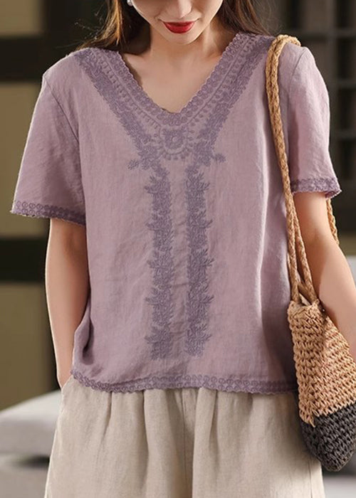 Purple Loose Linen Summer T Shirts Embroidered