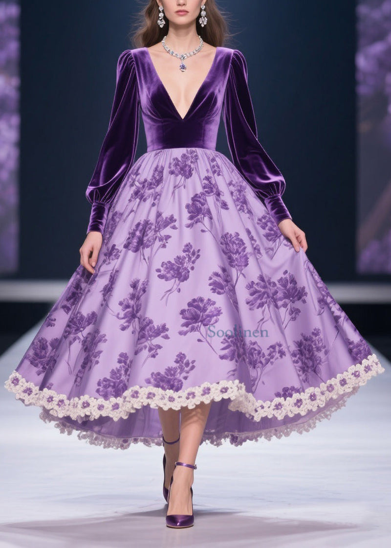 Purple Silk Velvet Patchwork Print Lace Long Dress V Neck Spring