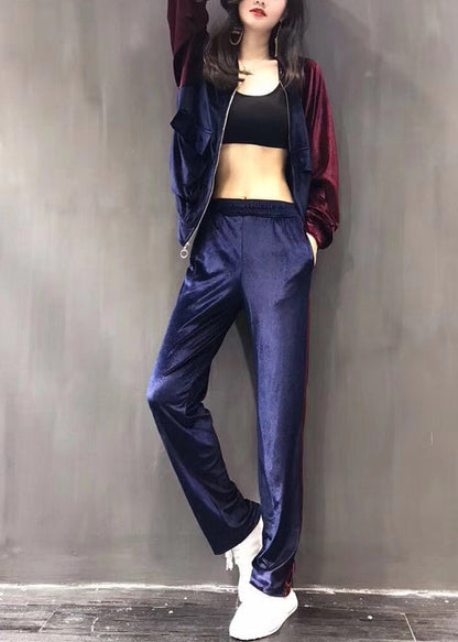 Purple Stand Collar Silk Velour Coats and Wide Leg Pants Two Pieces Set Fall