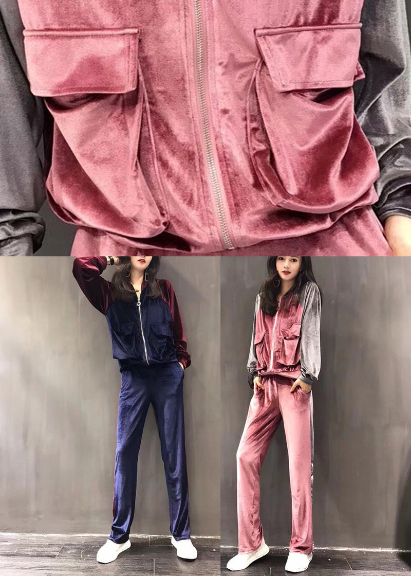 Purple Stand Collar Silk Velour Coats and Wide Leg Pants Two Pieces Set Fall