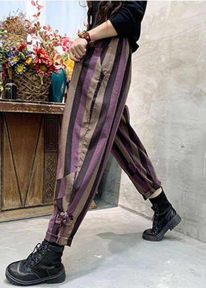 Purple Striped Patchwork Cotton Harem Pants Spring