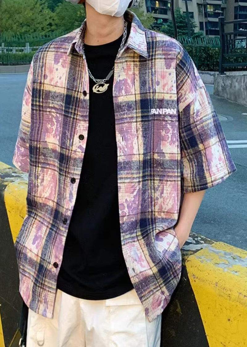 Purple Tie Dye Oversized Cotton Summer Shirts Peter Pan Collar
